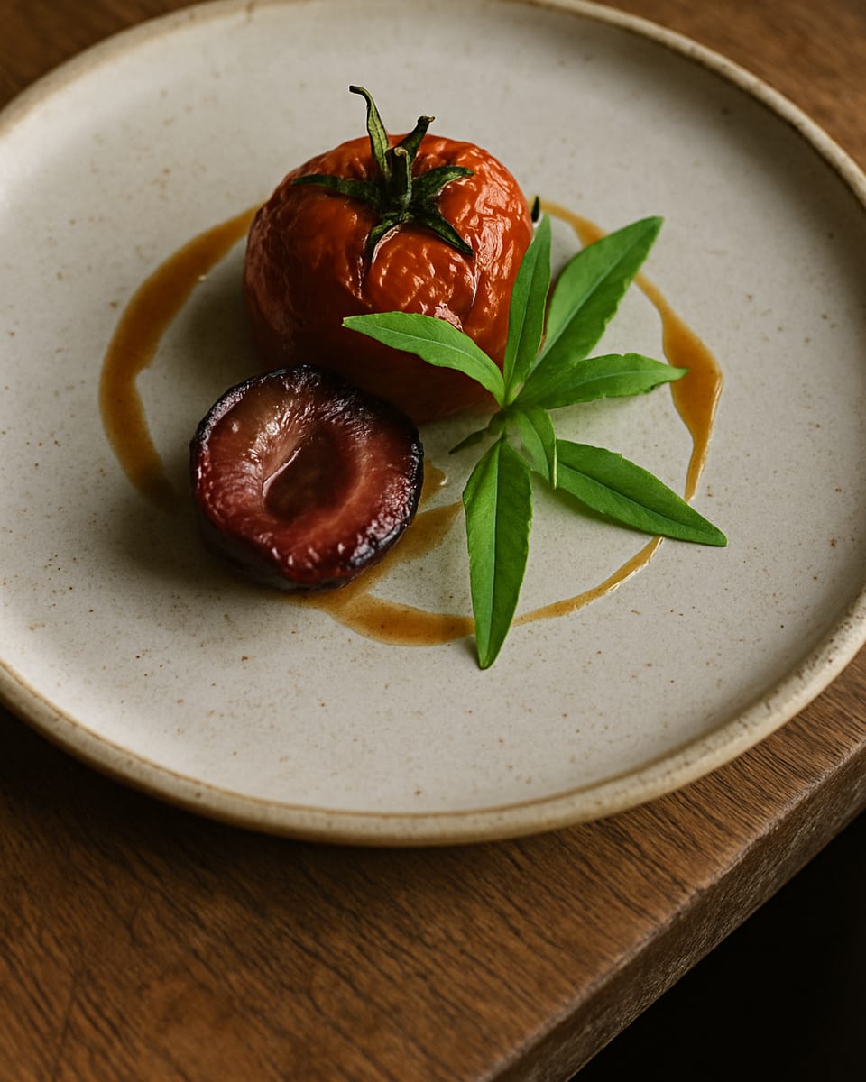 Assiette de tomates et prune dressée sur une table claire